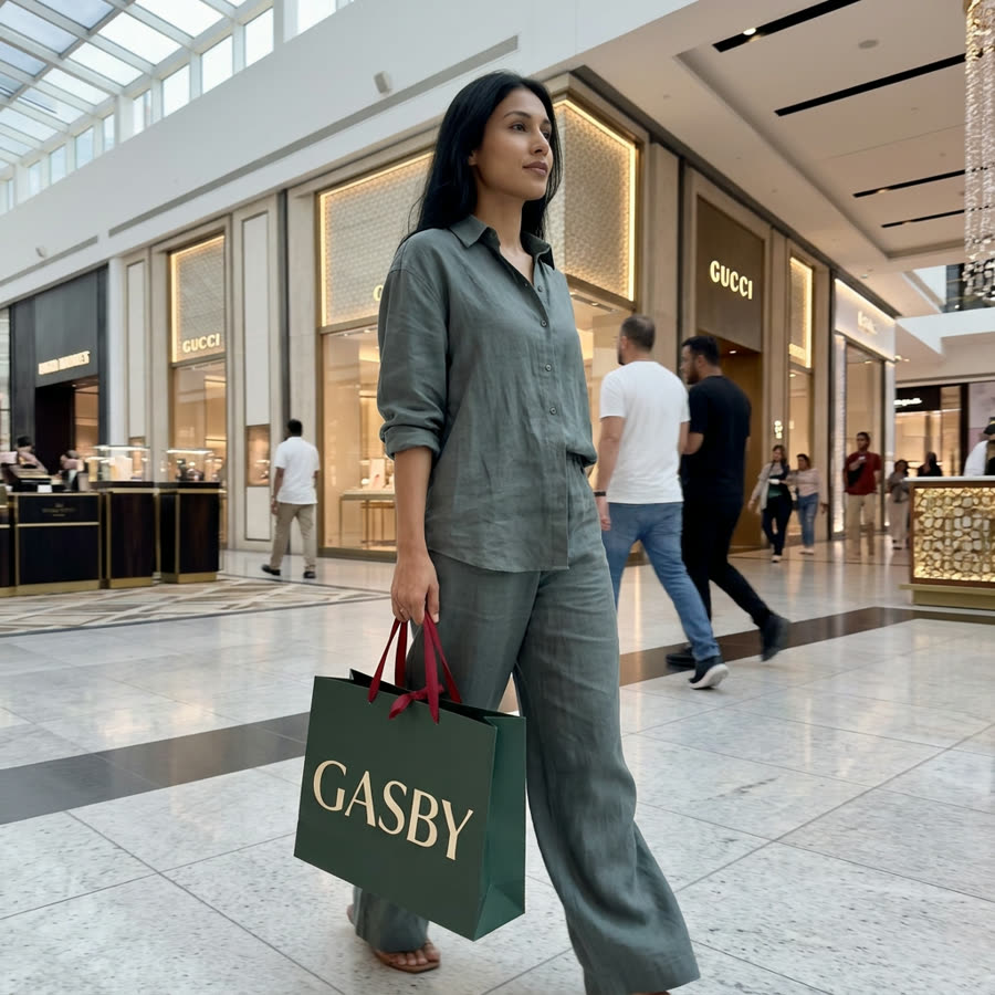 AI photoshoot — Aria in a mall with a GASBY bag